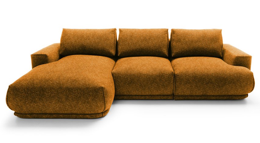 Divo L-shaped corner sofa with sleeping function with a container, mustard, hydrophobic braid, left-hand