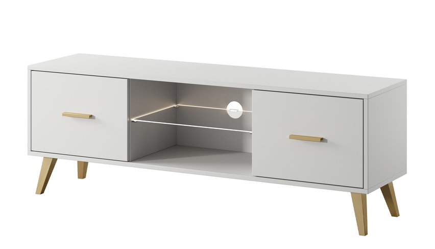 Savoni I TV cabinet, 140 cm, white with gold legs and handles