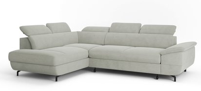 Corner sofa with sleeping function Lambo L-shaped with side section with adjustable headrests and container, gray velvet, easy to clean, left-hand side