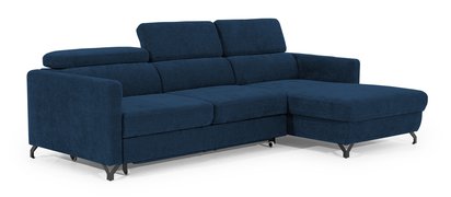 Monarda L-shaped corner sofa with sleeping function with container and adjustable headrests, navy blue hydrophobic velvet, right-hand side