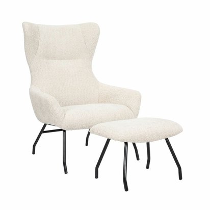 Suppet lounge chair with footstool in beige boucle fabric