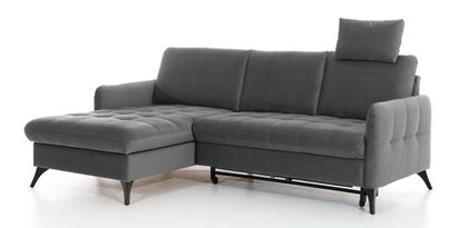 Corner sofa with sleeping function Casotti L-shaped with container and adjustable headrest dark gray in easy-clean fabric left-hand side