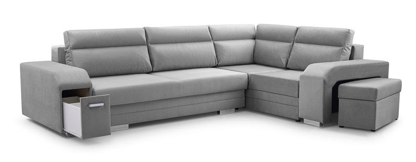 Umill L corner sofa bed with bar and pouffe (Fabric: Monolith 84, Side: Right)