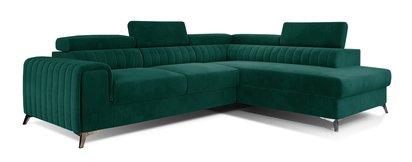 Corner sofa with sleeping function Negreiros L-shaped with container and adjustable headrests green water-repellent velvet right-hand side