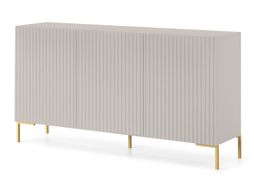 Lammelo three-door chest of drawers, 140 cm, gray beige with golden legs