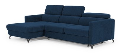 Monarda L-shaped corner sofa with sleeping function with container and adjustable headrests, navy blue hydrophobic velvet, left-hand side