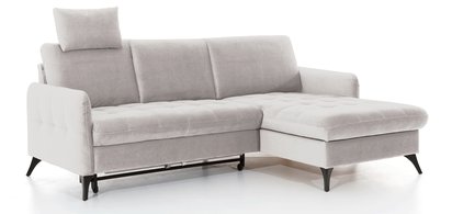 Corner sofa with sleeping function Casotti L-shaped with container and adjustable headrest cream in easy-clean fabric right-hand side