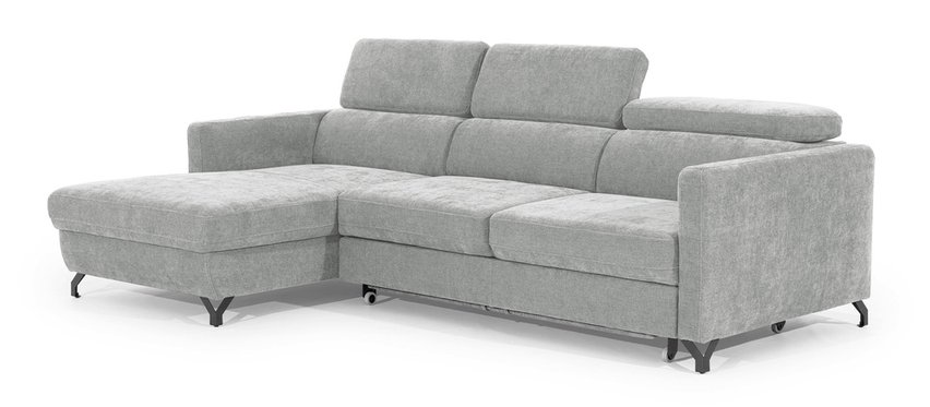 Monarda L-shaped corner sofa with sleeping function with container and adjustable headrests, gray hydrophobic velvet, left-hand side