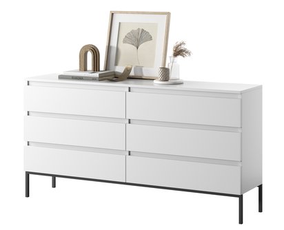 Bemmi white six-drawer chest of drawers with black legs