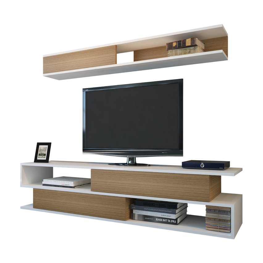 Jeffrey TV cabinet with teak fronts and wall shelf