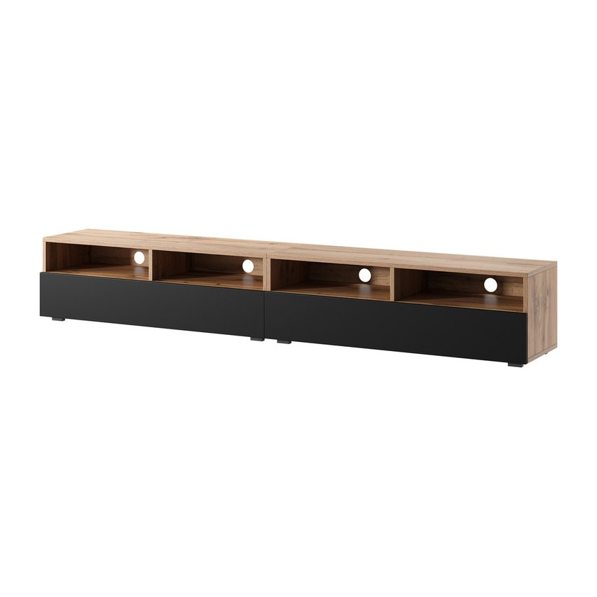 TV cabinet with two drawers Rednaw 200 cm (Colour variant: Wotan Oak / Gloss Black, Colour: Non)