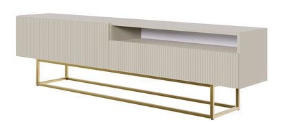 Veldio TV cabinet with a milled front and a 175 cm recess. Gray beige with gold legs.