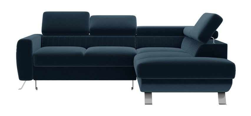 Bambito L-shaped corner sofa with sleeping function with storage and adjustable headrests, navy blue hydrophobic velvet, right-hand side