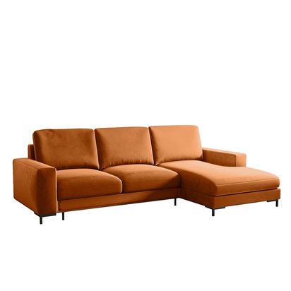 Mokpeo L-shaped corner sofa with sleeping function with two containers on black legs, copper velvet, right-hand side