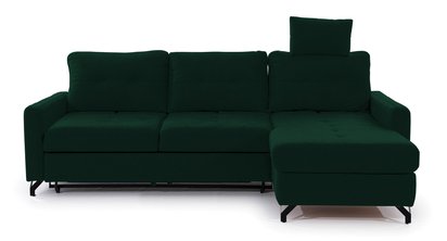 Buriano L-shaped corner sofa with sleeping function with container and adjustable headrest, dark green hydrophobic velvet, right-hand side