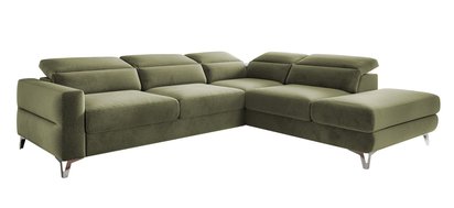 Pomello L-shaped corner sofa with sleeping function with storage and adjustable headrests, olive velvet, easy to clean, right-hand side
