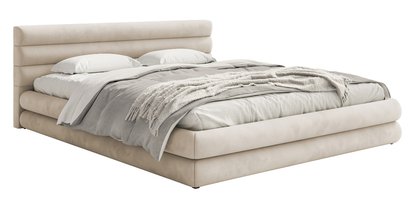 Upholstered bed 180x200 cm Alegre with bedding container light beige hydrophobic velvet easy to clean metal frame