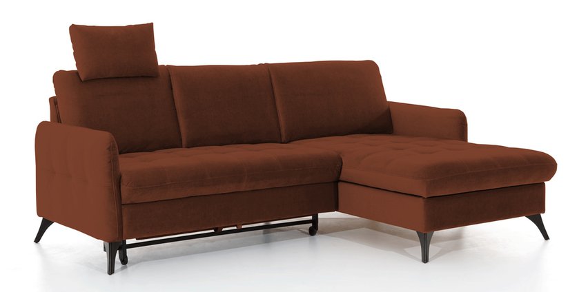 Corner sofa with sleeping function Casotti L-shaped with container and adjustable headrest, red velvet, hydrophobic, right-hand side