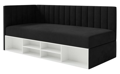 Youth bed 90x200 cm Ventrio left side with container and shelves black hydrophobic velvet easy to clean