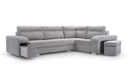 Umill L corner sofa bed with bar and pouffe (Fabric: Lincoln 86, Side: Right)