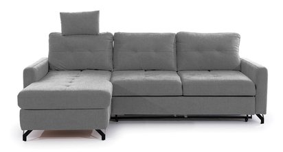 Buriano L-shaped corner sofa with sleeping function with container and adjustable headrest, gray hydrophobic velvet, left-hand side