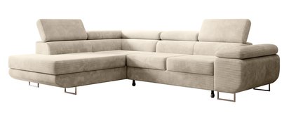 Stevil L-shaped corner sofa with sleeping function and Poso 105 container, left-hand corduroy