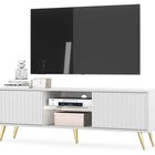 Meuble TV Bello avec façades à lamelles, 135 cm, blanc, avec pieds dorés