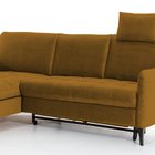 Corner sofa with sleeping function Casotti L-shaped with container and adjustable headrest mustard velour hydrophobic left-hand side