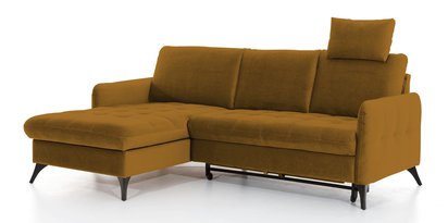 Corner sofa with sleeping function Casotti L-shaped with container and adjustable headrest mustard velour hydrophobic left-hand side