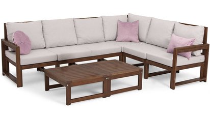 Ritalous garden furniture set with a six-seater corner sofa and two coffee tables, wooden, dark brown/light gray