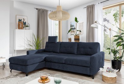 Buriano L-shaped corner sofa with sleeping function with a container and adjustable headrest, navy blue, in an easy-clean fabric, left-hand side