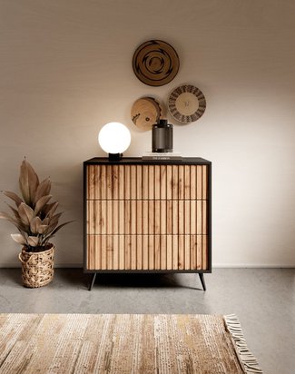 Bello three-drawer chest of drawers, wotan oak, with black legs