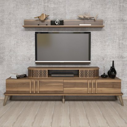 Tauturon Walnut TV Cabinet with Wall Shelf