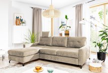 Buriano L-shaped corner sofa with sleeping function with container and adjustable headrest, beige, easy-clean fabric, left-hand side