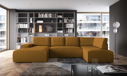 Corner sofa with sleeping function Farese New U-shaped with storage left side mustard corduroy