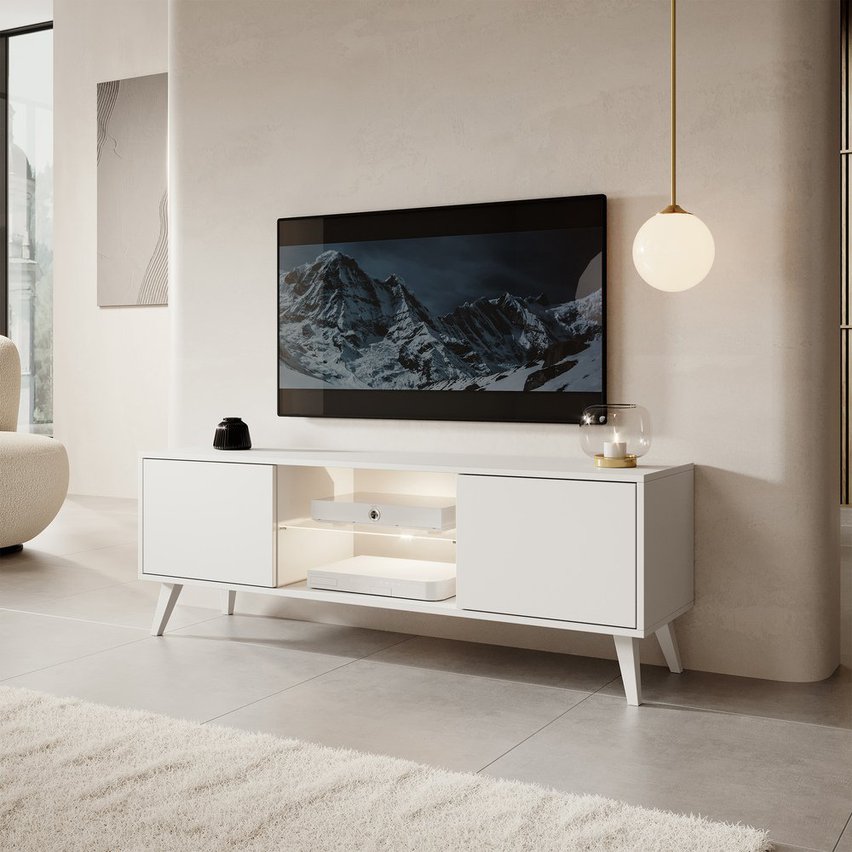 Savoni II TV cabinet, 140 cm, white with white legs