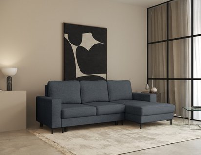 Mokpeo L-shaped corner sofa with sleeping function with two containers on black legs Sorella 89 chenille right-hand side