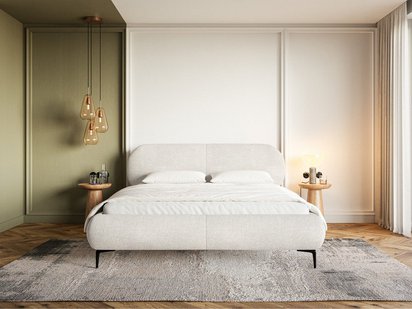 Upholstered bed 160x200 cm Ovalle with storage, metal frame, cream chenille, black legs