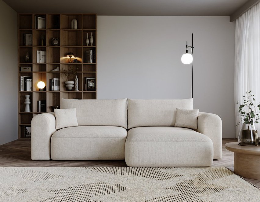 Sollano L-shaped corner sofa with sleeping function with a container, universal cream chenille