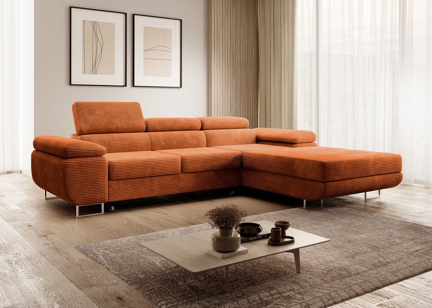 Ganta L-shaped corner sofa with sleeping function with Poso 40 container, right-hand corduroy