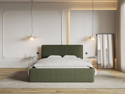 Upholstered bed 160x200 cm Tilio with storage, metal frame, olive, thick corduroy
