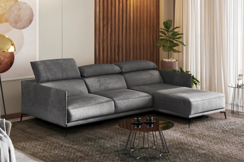 Ryenne grey corner sofa in hydrophobic fabric on black legs (Fabric: Monolith 84, Side: Right)