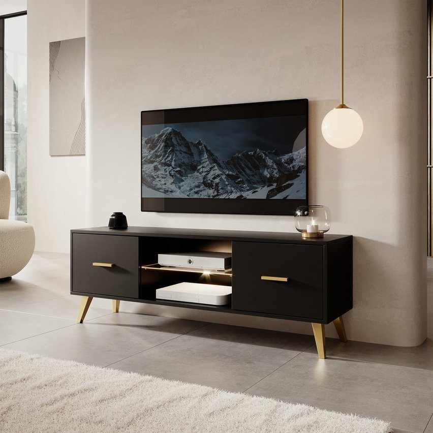 Savoni I TV cabinet, 140 cm, black with gold legs and handles