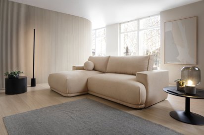 Divo Mini L-shaped corner sofa with sleeping function with a left-handed beige boucle container