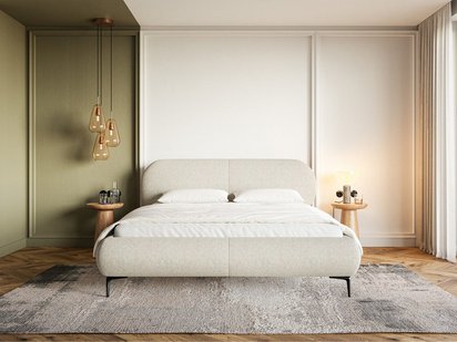 Upholstered bed 140x200 cm Ovalle, light beige, hydrophobic braid, black legs