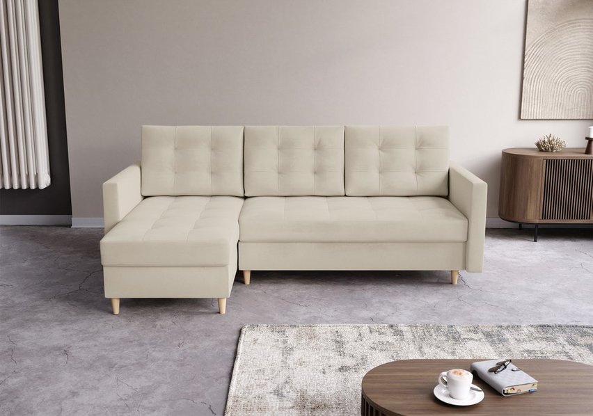 Corner sofa with sleeping function Plauton L-shaped with container universal Paros 01 velour