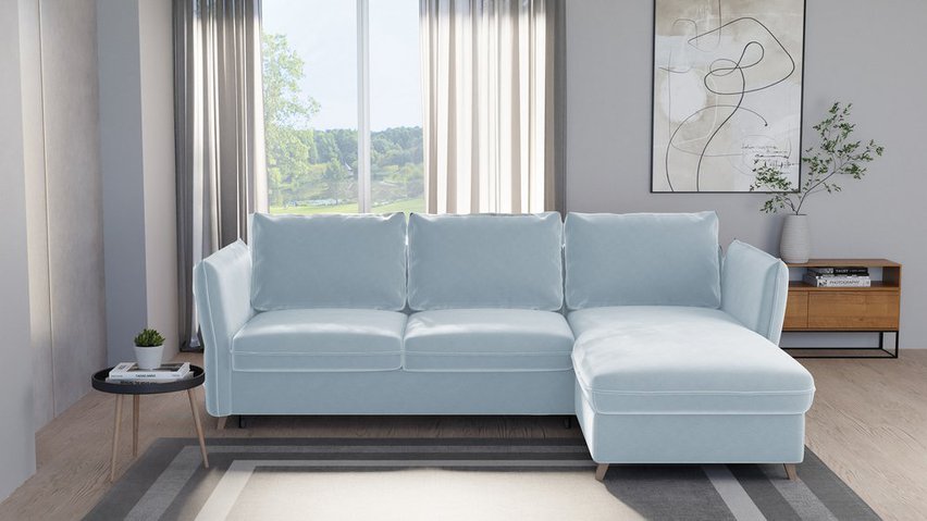 Corner sofa with sleeping function Bastimento L-shaped with storage, universal blue hydrophobic velvet