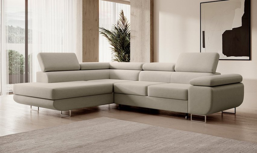 Stevil L-shaped corner sofa with sleeping function with Castel 80 container, easy-to-clean velvet, left-hand side