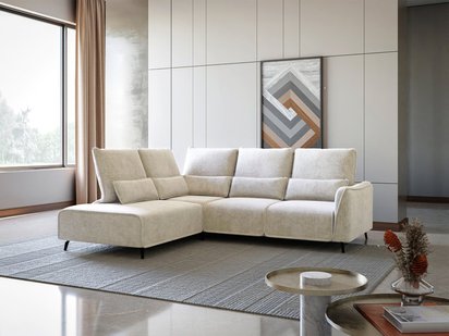 Rumbia L-shaped corner sofa with sleeping function with side section and Storm 02 pouf, black legs, left-hand side