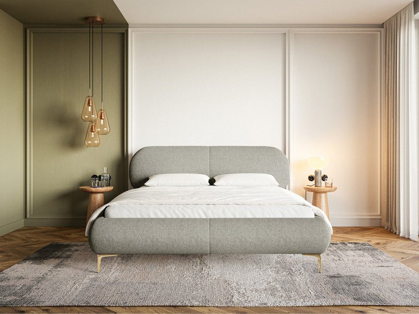 Upholstered bed 160x200 cm Ovalle with storage, gray metal frame, hydrophobic braid, gold legs